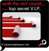 Top Secret Quote Bubble in black, with red carpets unfurling across glossy white floor