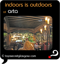 Top Secret Quote Bubble in black, with photo of interior of arta - a Spanish courtyard.  Caption: 'indoors is outdoors'