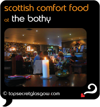 Top Secret Glasgow Quote Bubble showing cosy interior dining room.
Caption: scottish comfort food