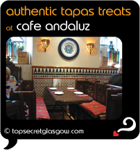 Top Secret Glasgow Quote Bubble showing cosy interior decor.
Caption: authentic tapas treats