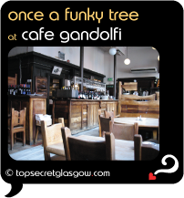 Top Secret Quote Bubble in black, with photo of  Cafe Gandolfi, interior shot showing unusual furniture shapes.
Caption: once a funky tree