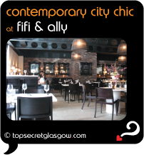 Top Secret Glasgow Quote Bubble showing gorgeous dining room interior.
Caption: contemporary city chic
