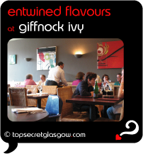 Top Secret Quote Bubble in black, with photo of lunch diners and busy waiter. Caption: 'entwined flavours'