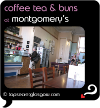 Top Secret Glasgow Quote Bubble showing sunny interior.
Caption: coffee tea & buns