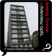 Top Secret Glasgow lozenge showing tower facade from front. Caption: seeing forever