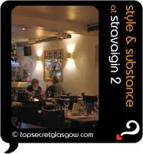 Top Secret Glasgow lozenge showing dining room interior. Caption: style & substance