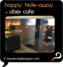 Top Secret Quote Bubble in black, with photo of lower level of bar, from mezzanine level. Caption: 'happy hideaway'