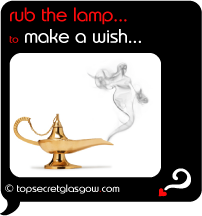 Top Secret Quote Bubble in black, with a magic lamp and genie rising from smoking spout