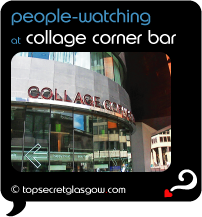 Top Secret Quote Bubble in black, with photo of exterior of collage corner bar, reflections of busy junction picked up colourfully in curving windows.  Caption in blue: 