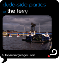 Top Secret Glasgow lozenge showing Ferry on Clyde with stormy sky and Crane in background. Caption: clyde-side parties