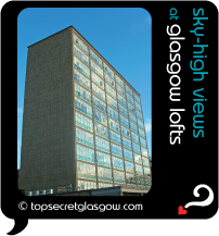 Top Secret Glasgow lozenge showing building in sun. Caption: sky-high views