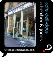 Top Secret Quote Bubble in black, with photo of shop front and tables on pavement. Caption: 'cafe deli-cious'