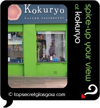 Top Secret Quote Bubble in black, with photo of exterior of Kokuryo; bright lime green walls, Asian guests smiling from their window seats.  Caption: 'spice-up your view'
