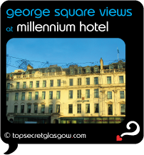 Top Secret Glasgow Quote Bubble showing exterior on George Square, in winter sun.
Caption: george square views