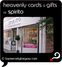 Top Secret Quote Bubble in black, with photo of the shop front and logo. Caption: heavenly cards & gifts'