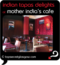 Top Secret Glasgow Quote Bubble showing interior dining room.
Caption: indian tapas delights