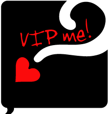 black quote bubble with TS logo and 'vip me!' hand-written in red.