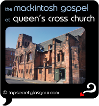 Top Secret Quote Bubble in black, with photo of the whole long side of the building. Caption: 'the mackintosh gospel'